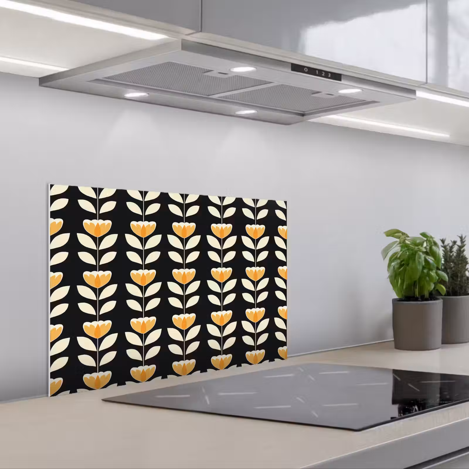 Salpicaderos de cocina - Retro - Flor - Negro - Amarillo ocre — 1