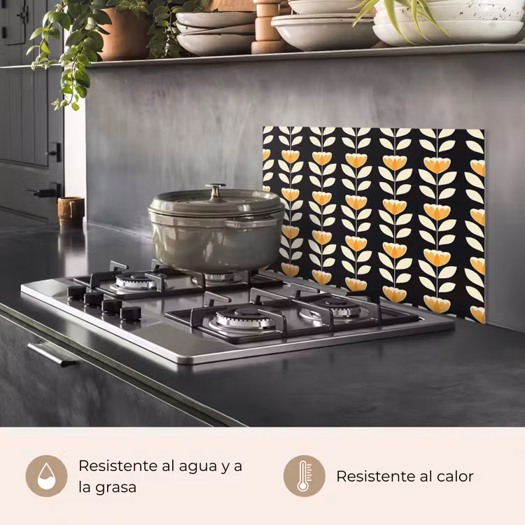 Salpicaderos de cocina - Retro - Flor - Negro - Amarillo ocre — 2
