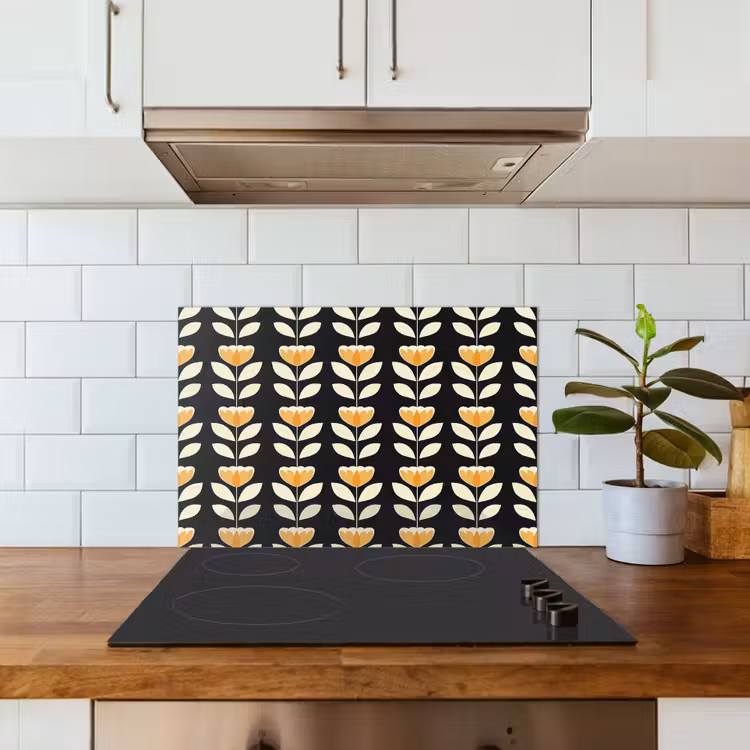 Salpicaderos de cocina - Retro - Flor - Negro - Amarillo ocre — 3