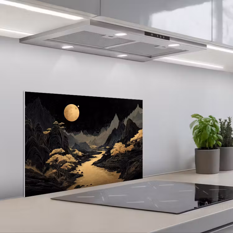 Salpicaderos de cocina - Río dorado - Montañas - Luna - Cielo estrellado — 1