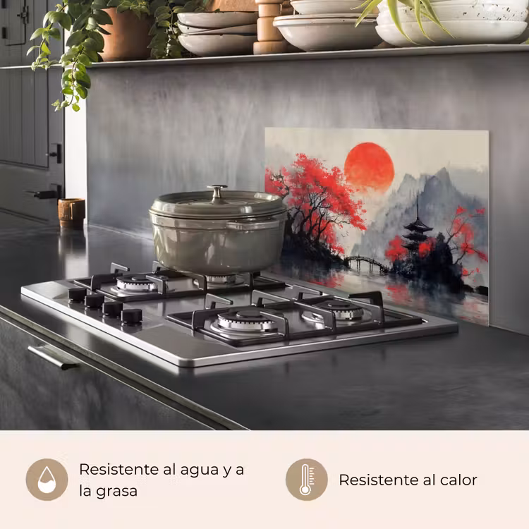 Salpicaderos de cocina - Sol rojo - Río - Puente - Árboles — 2