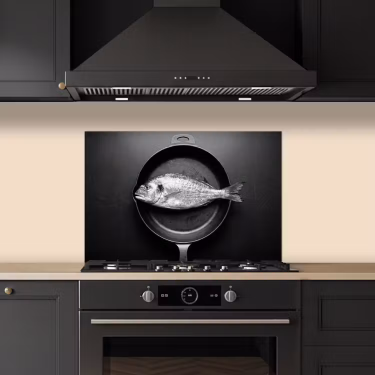 Salpicaderos de cocina - Sartén - Pescado - Negro - Blanco — 5