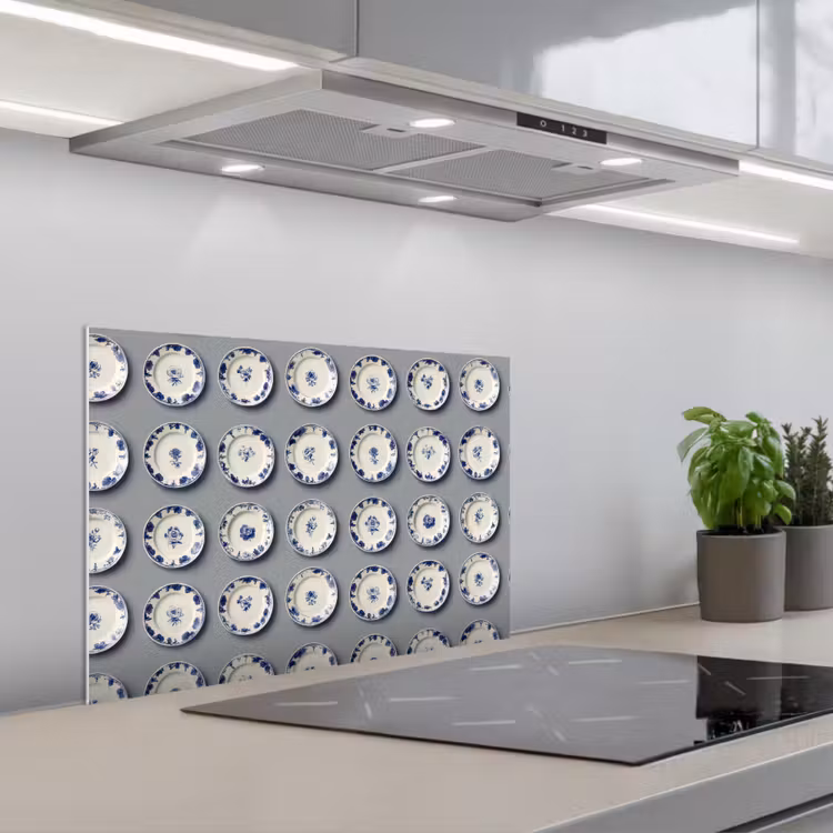 Salpicaderos de cocina - Platos - Flores - Azul - Blanco — 1