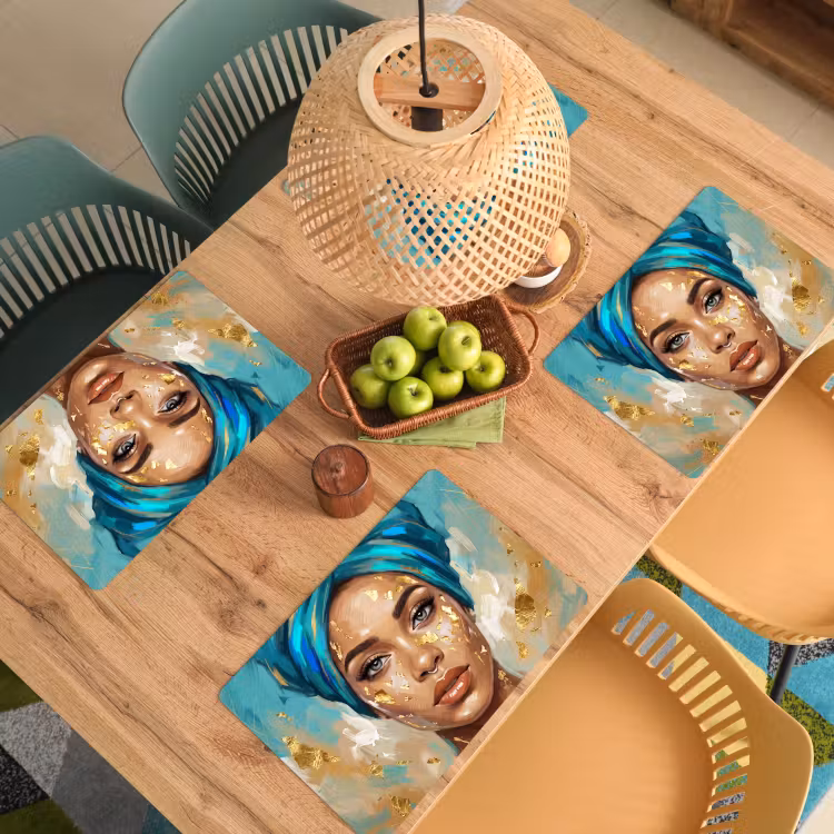 Salvamantel – 6 piezas - Retrato - Mujer - Pintura - Azul - Oro - Expresivo — 3