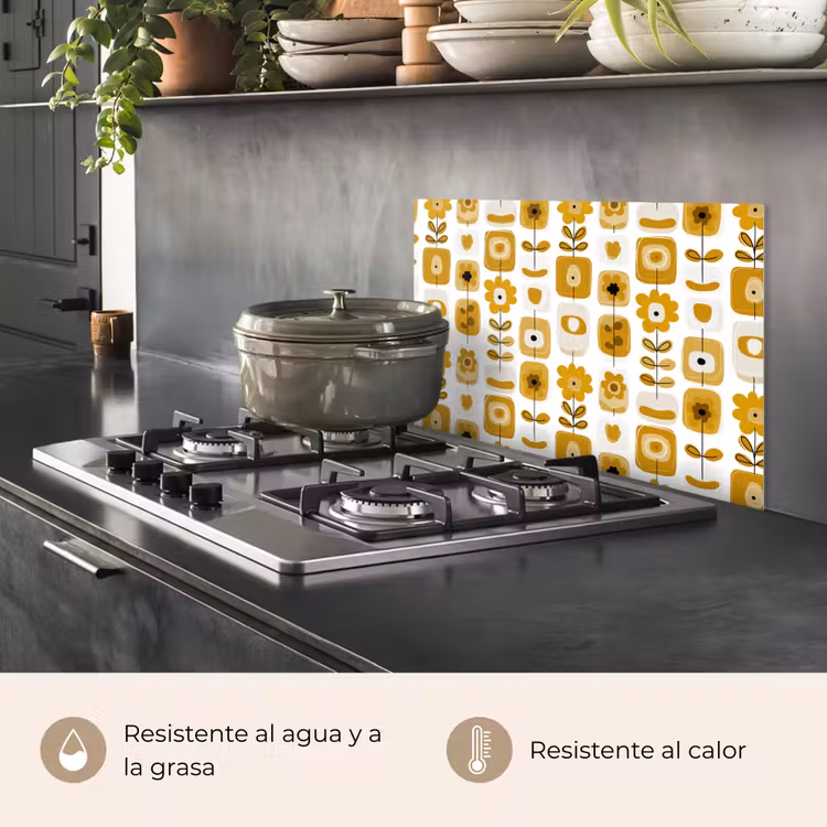 Salpicaderos de cocina - Retro - Abstracto - Flores - Amarillo ocre — 2