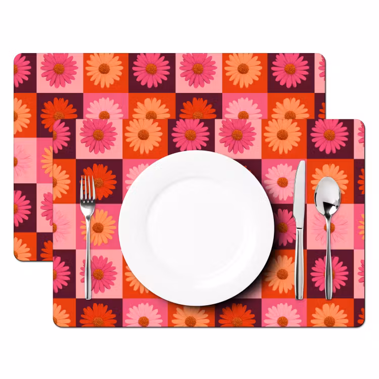 Salvamantel – 6 piezas - Margaritas - Tablero de ajedrez - Retro - Rosa - Naranja — 2