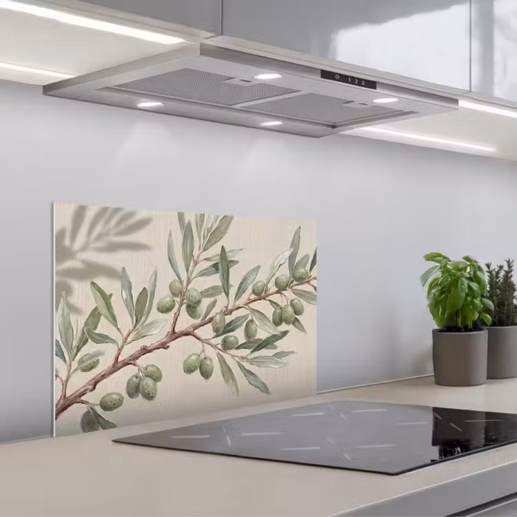 Salpicaderos de cocina - Rama de olivo - Hojas - Naturaleza - Verde - Beige — 1