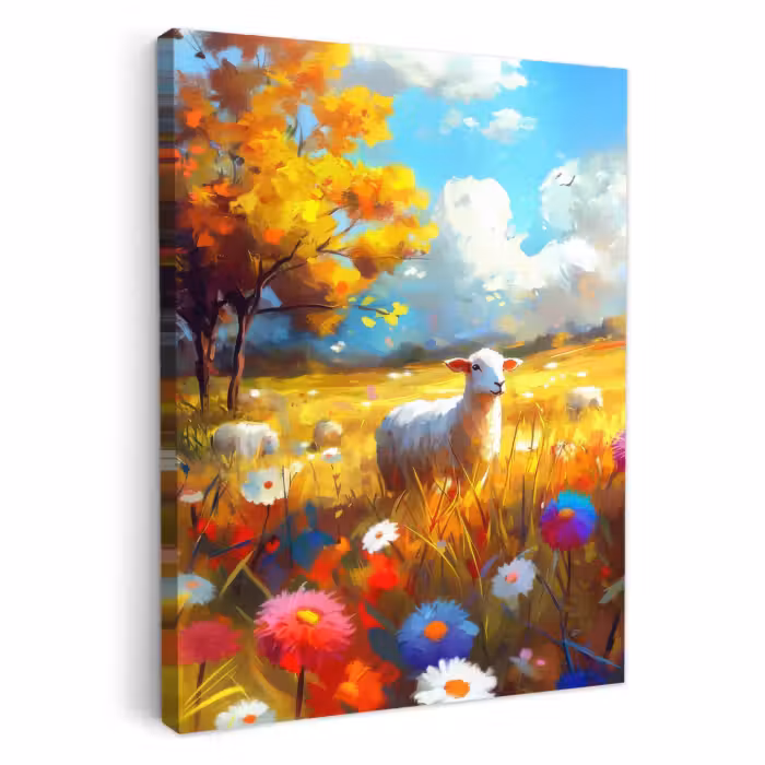 Lienzos decorativos - Ovejas - Pradera - Flores
