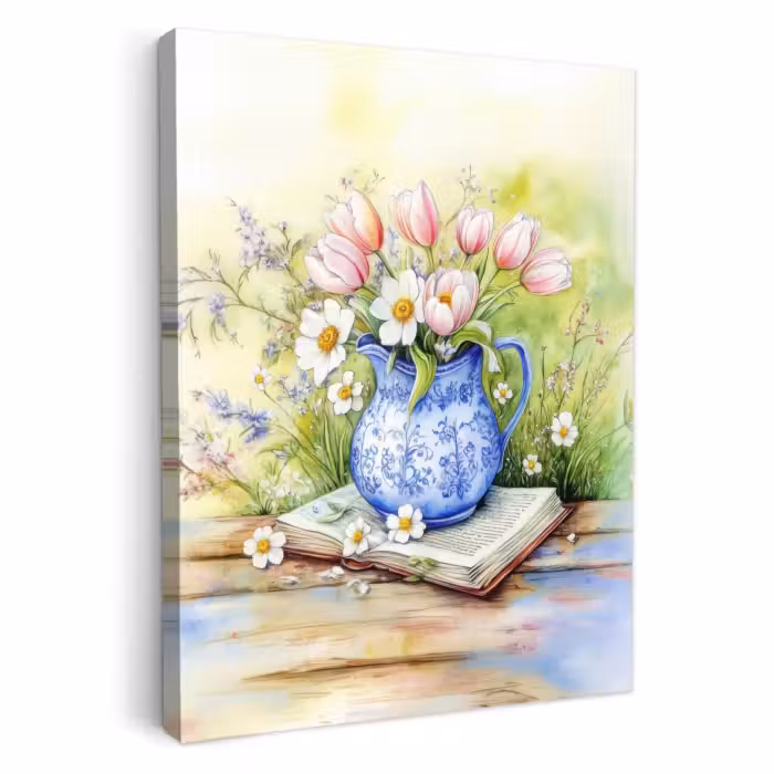 Lienzos decorativos - Jarrón - Azul de Delft - Margaritas