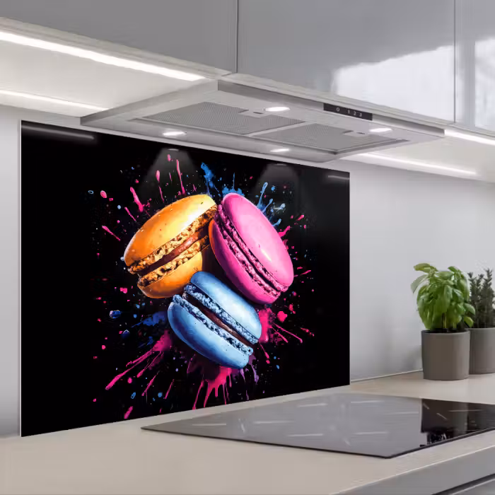 Salpicaderos de cocina - Macarrones - Postre - Graffiti - Colorido - Rosa - Azul - Amarillo