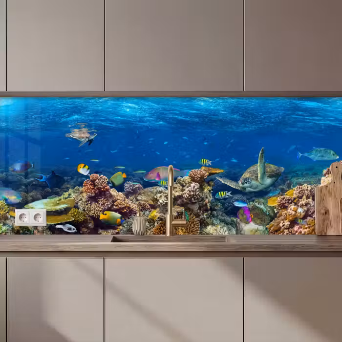 Revestimiento cocina - Paisaje submarino - Pez - Tortuga - Azul