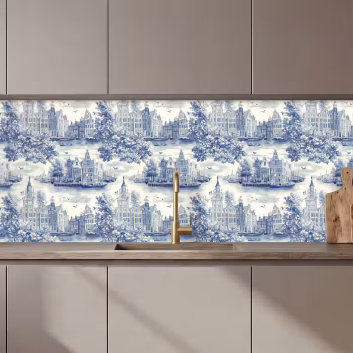 Revestimiento cocina - Casas - Árboles - Agua - Pájaros - Azul