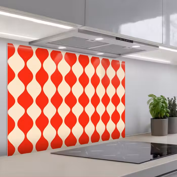 Salpicaderos de cocina - Motivo ondulado - Retro - Rojo - Beige