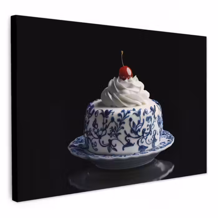 Lienzos decorativos - Tarta - Nata montada - Cereza - Plato - Azul de Delft
