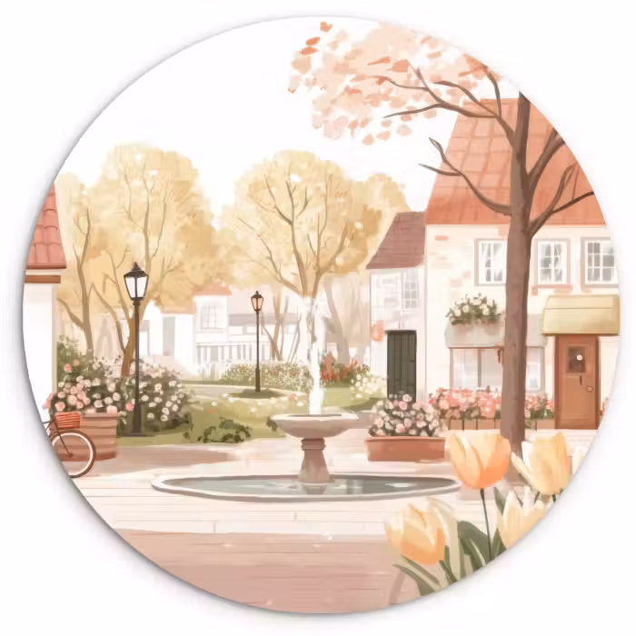 Cuadro redondo - Plaza del pueblo - Fuente - Tulipanes