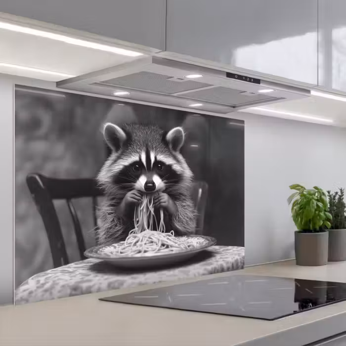 Salpicaderos de cocina - Mapache - Lindo - Pasta - Mantel - Negro - Blanco