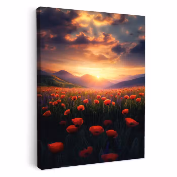 Lienzos decorativos - Paisaje - Puesta de sol - Campo de flores